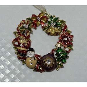 Gold Tone‎ Metal Wreath Ornament Red Green Santa Snowman Bells Holly Ribbon